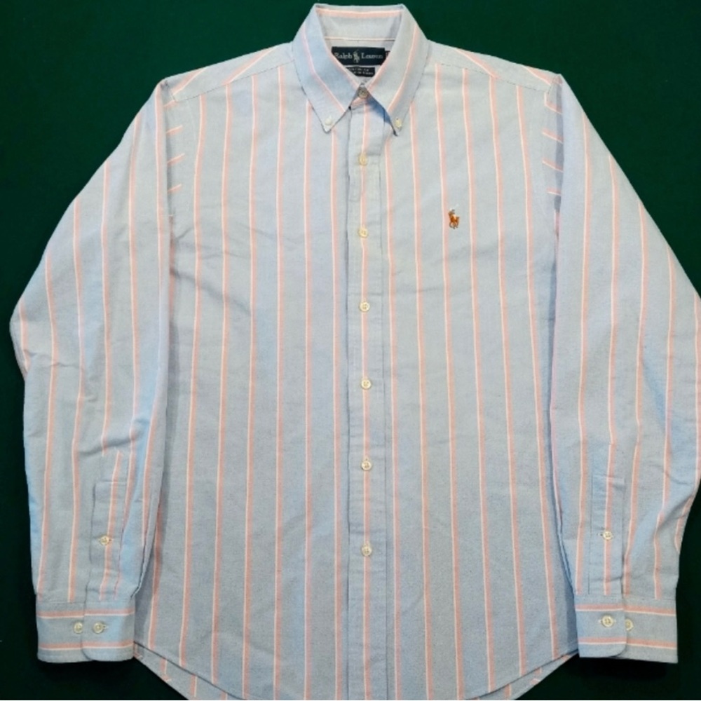 Ralph Lauren Men's Light Blue and Coral Striped Shirt